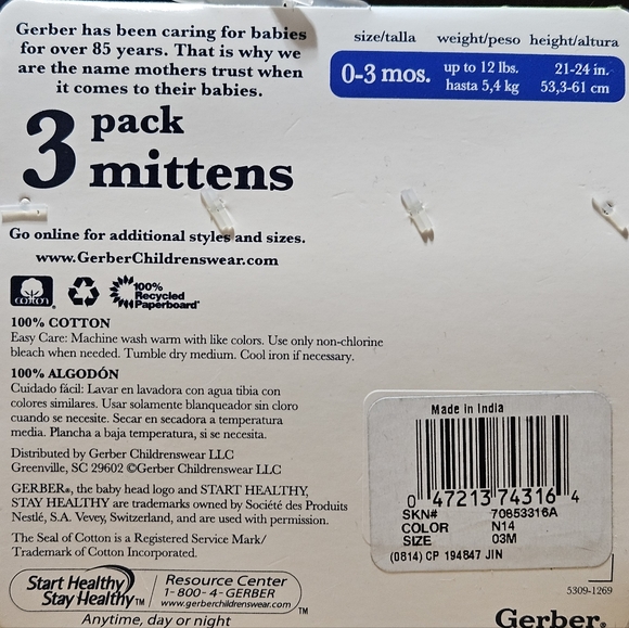 Gerber Baby Newborn 3 Pack Mittens - Picture 4 of 4